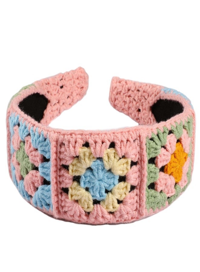 YOOJEE Crochet Headband for Women, Handmade Sunflower & Checkered Hair Accessories, Stretchable Boho Hair Band (Pink, Checkered) - Image 1